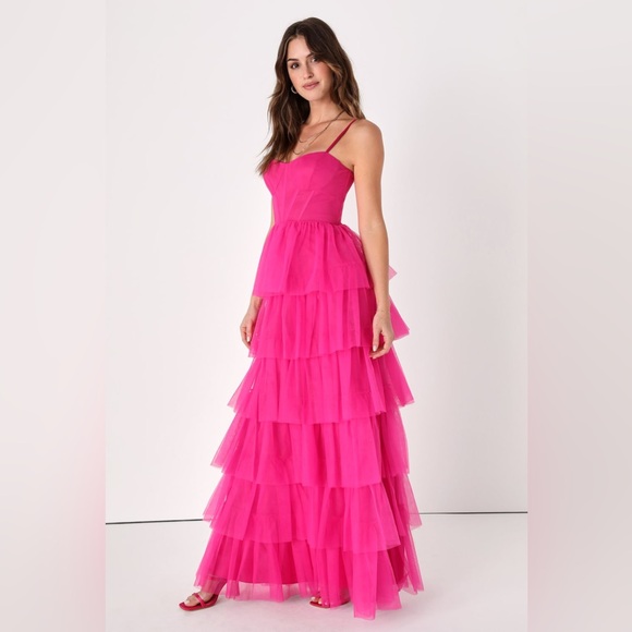Lulus Rule the Runway Hot Pink Tulle Bustier Tiered Maxi Dress - Picture 3 of 10